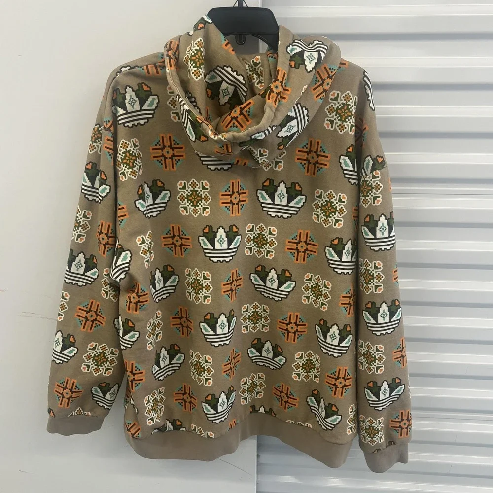 Adidas Originals Hoodie Mens 2XL Beige‎ Trefoil Allover Graphic Tile Pullover